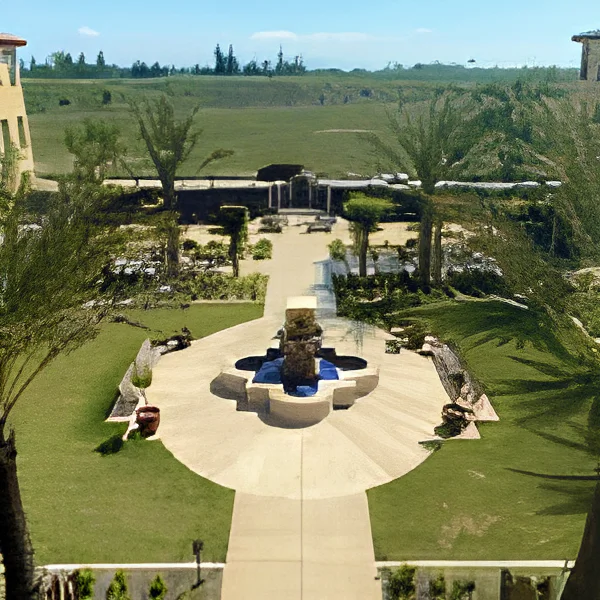 Overhead photo of the quatrefoil fountain on the grounds, surrounded by an expanse of lawn.